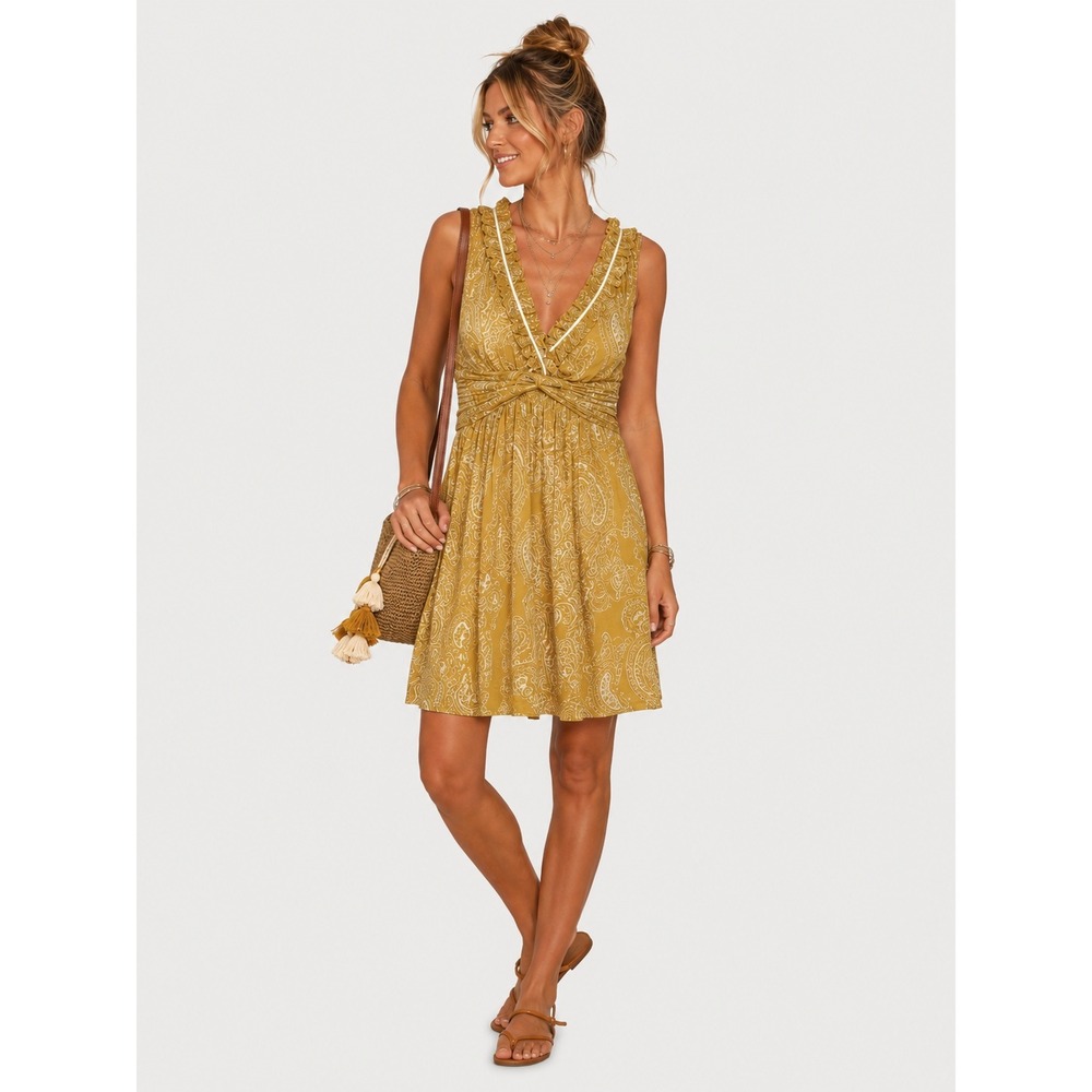 Weston Wear Anthropologie Mustard Yellow Paisley Mesh Ruffle V-Neck Dress S